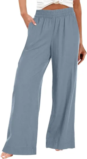 Wide Leg Linen Pants for Women Summer Boho Flowy Beach Pants Loose Fit High Waisted Casual Travel Pants with Pockets