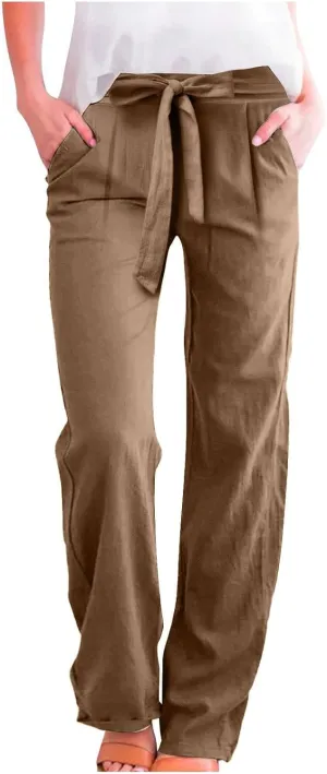 Wide Leg Linen Pants for Women Tie Front High Waisted Palazzo Pants Plus Size Casual Summer Beach Pants with Pockets