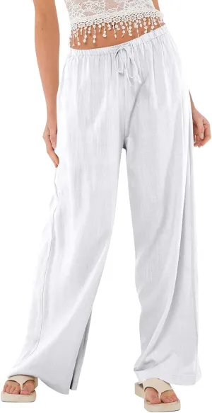 Wide Leg Linen Pants Women High Waisted Drawstring Cotton Palazzo Pants Straight Leg Flowy Beach Pants with Pockets