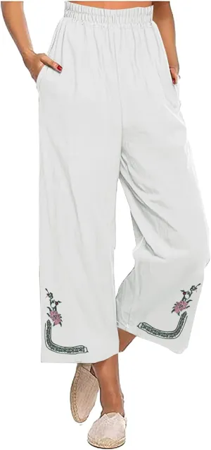Wide Leg Linen Pants Women Palazzo Trousers High Waisted Pull On Flowy Casual Baggy Drawstring Pant Beach Resort Wear