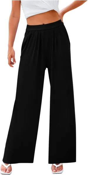 Wide Leg Pants for Women Casual Elastic High Waist Trousers Solid Comfy Lounge Slacks Summer Beach Vacation Clothes
