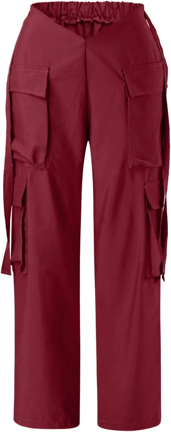 Woman V Crosseed Baggy Cargo Pant Streetwear Hip Hop Overalls Trousers High Waist Joggers Sweatpants with Pockets (Red, XS)