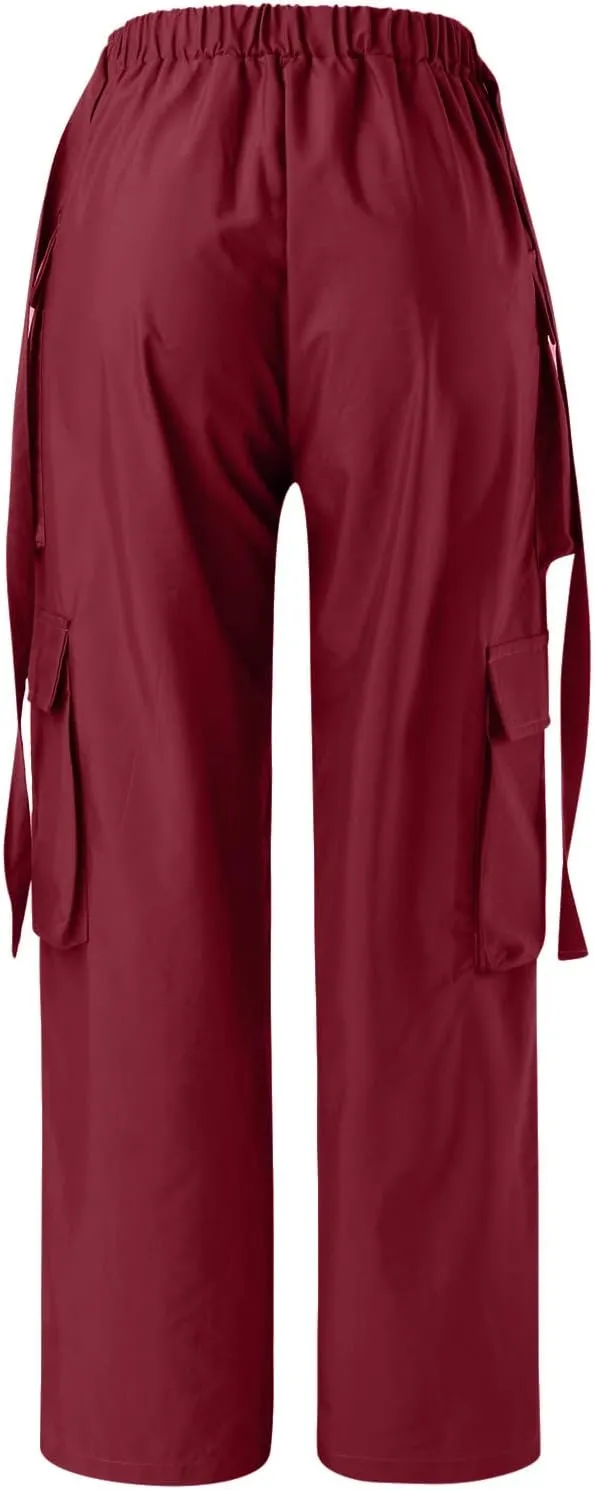 Woman V Crosseed Baggy Cargo Pant Streetwear Hip Hop Overalls Trousers High Waist Joggers Sweatpants with Pockets (Red, XS)