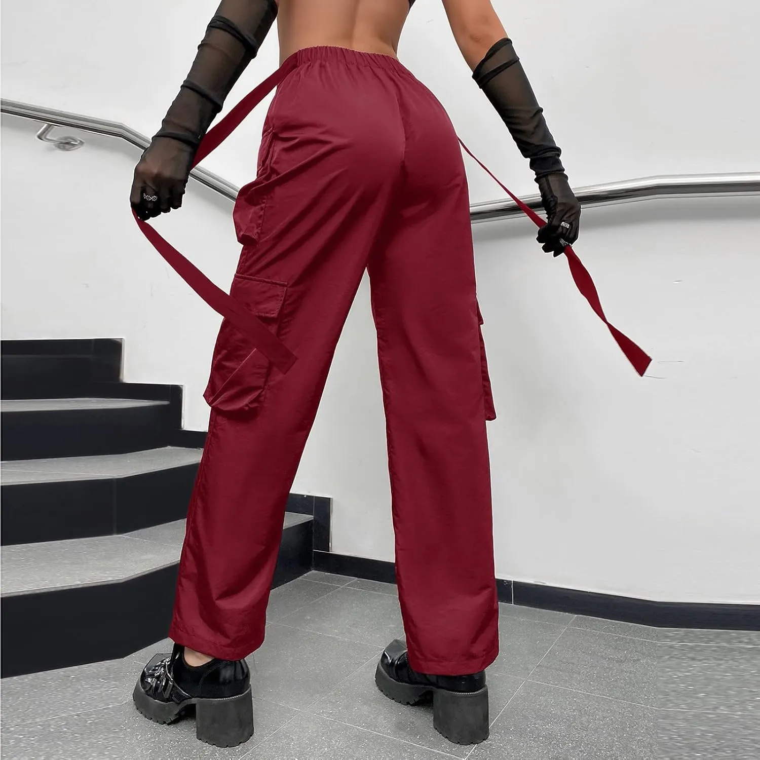 Woman V Crosseed Baggy Cargo Pant Streetwear Hip Hop Overalls Trousers High Waist Joggers Sweatpants with Pockets (Red, XS)