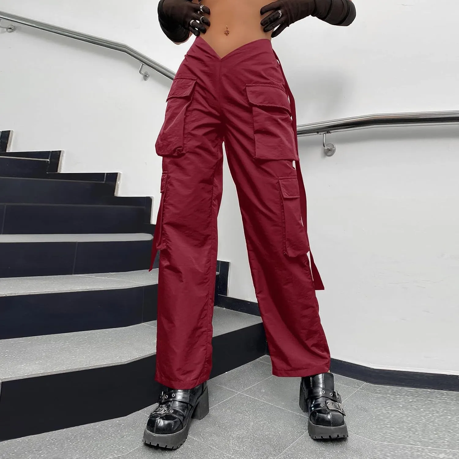 Woman V Crosseed Baggy Cargo Pant Streetwear Hip Hop Overalls Trousers High Waist Joggers Sweatpants with Pockets (Red, XS)