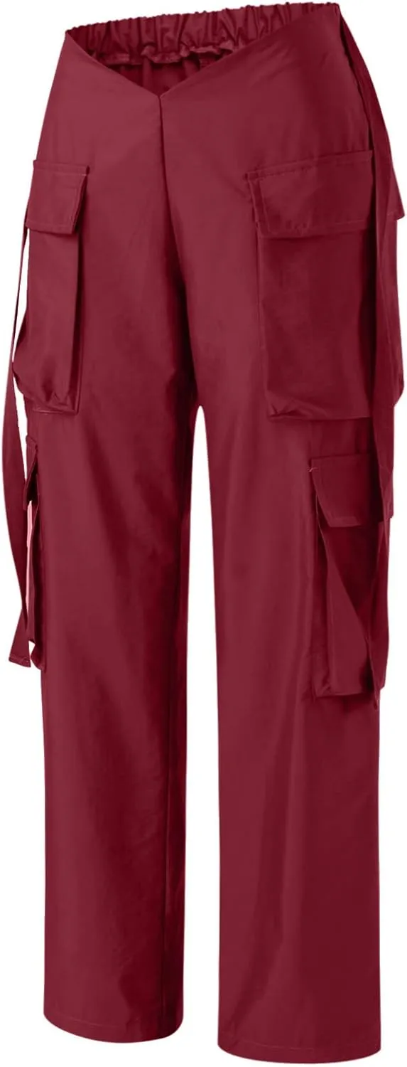 Woman V Crosseed Baggy Cargo Pant Streetwear Hip Hop Overalls Trousers High Waist Joggers Sweatpants with Pockets (Red, XS)