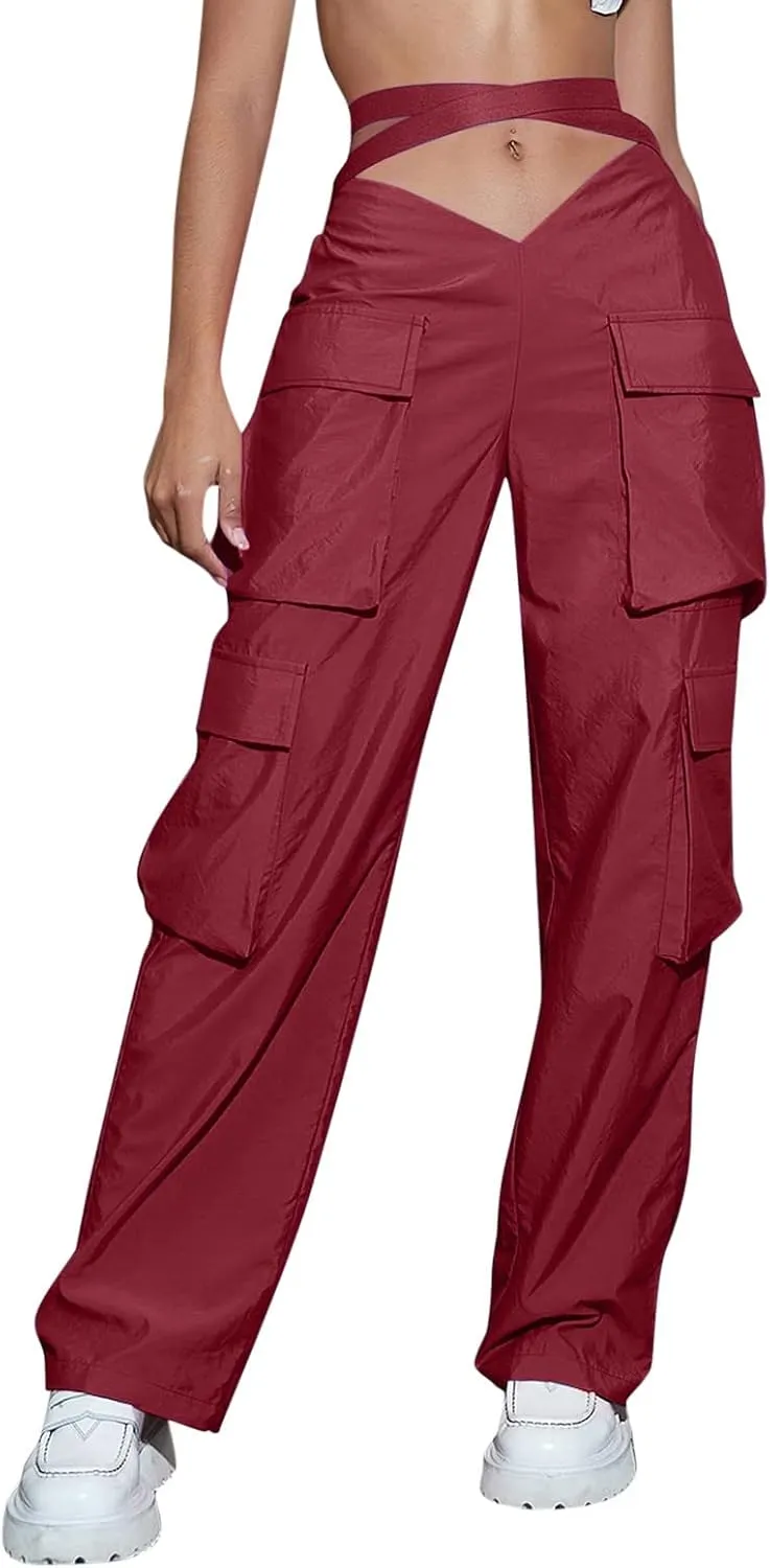 Woman V Crosseed Baggy Cargo Pant Streetwear Hip Hop Overalls Trousers High Waist Joggers Sweatpants with Pockets (Red, XS)