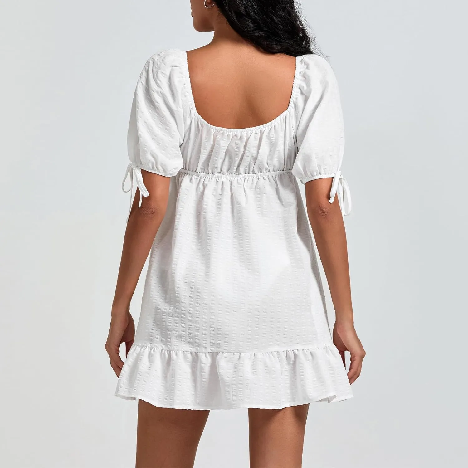 Women Babydoll Ruffle Mini Dress Y2k Puff Short Sleeve Square Neck Aline Loose Shift Vacation Beach Sun Dress
