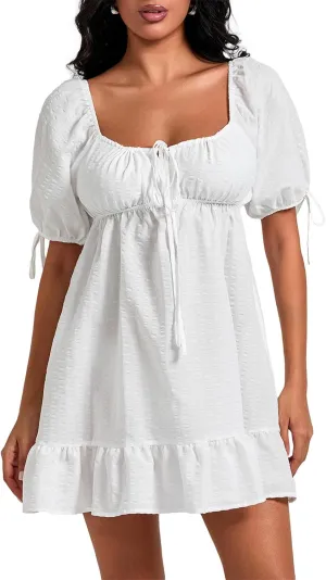 Women Babydoll Ruffle Mini Dress Y2k Puff Short Sleeve Square Neck Aline Loose Shift Vacation Beach Sun Dress