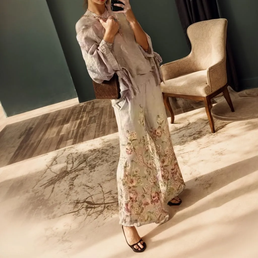 Women Boho Floral Print 2 Piece outfits Spring Long Sleeve Top Wide Leg Lounge Pant Suit Two Piece Sets with Pocket