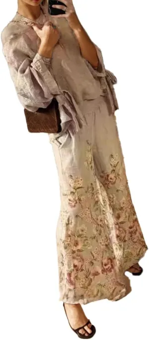 Women Boho Floral Print 2 Piece outfits Spring Long Sleeve Top Wide Leg Lounge Pant Suit Two Piece Sets with Pocket