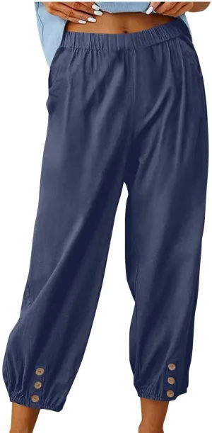 Women Capri Pants Casual Drawstring Elastic High Waist Baggy Wide Leg Cropped Pants Trousers for Ladies Summer Slacks