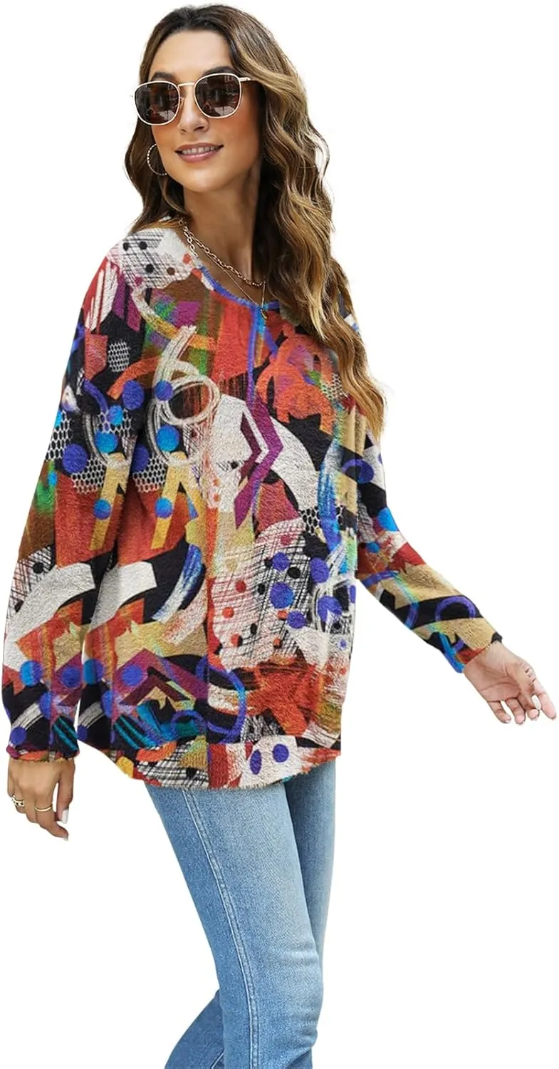 Women Christmas Sweater Graphic Oversized Long Sleeve Boho Printed Loose Fit Casual Knit Pullover Sweaters Top