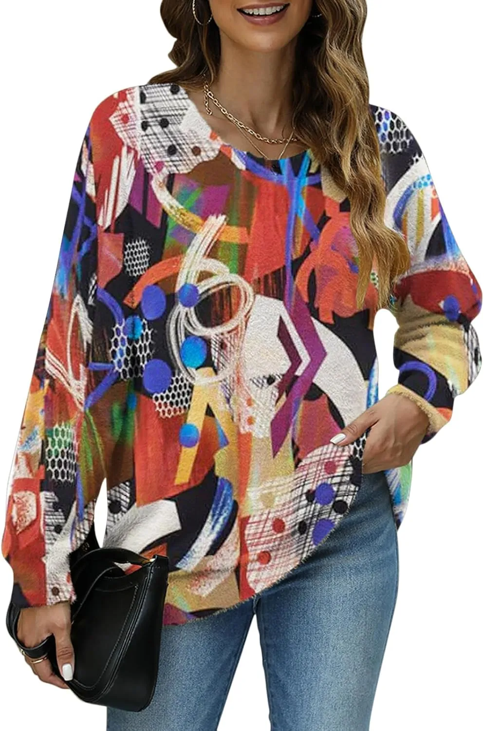 Women Christmas Sweater Graphic Oversized Long Sleeve Boho Printed Loose Fit Casual Knit Pullover Sweaters Top