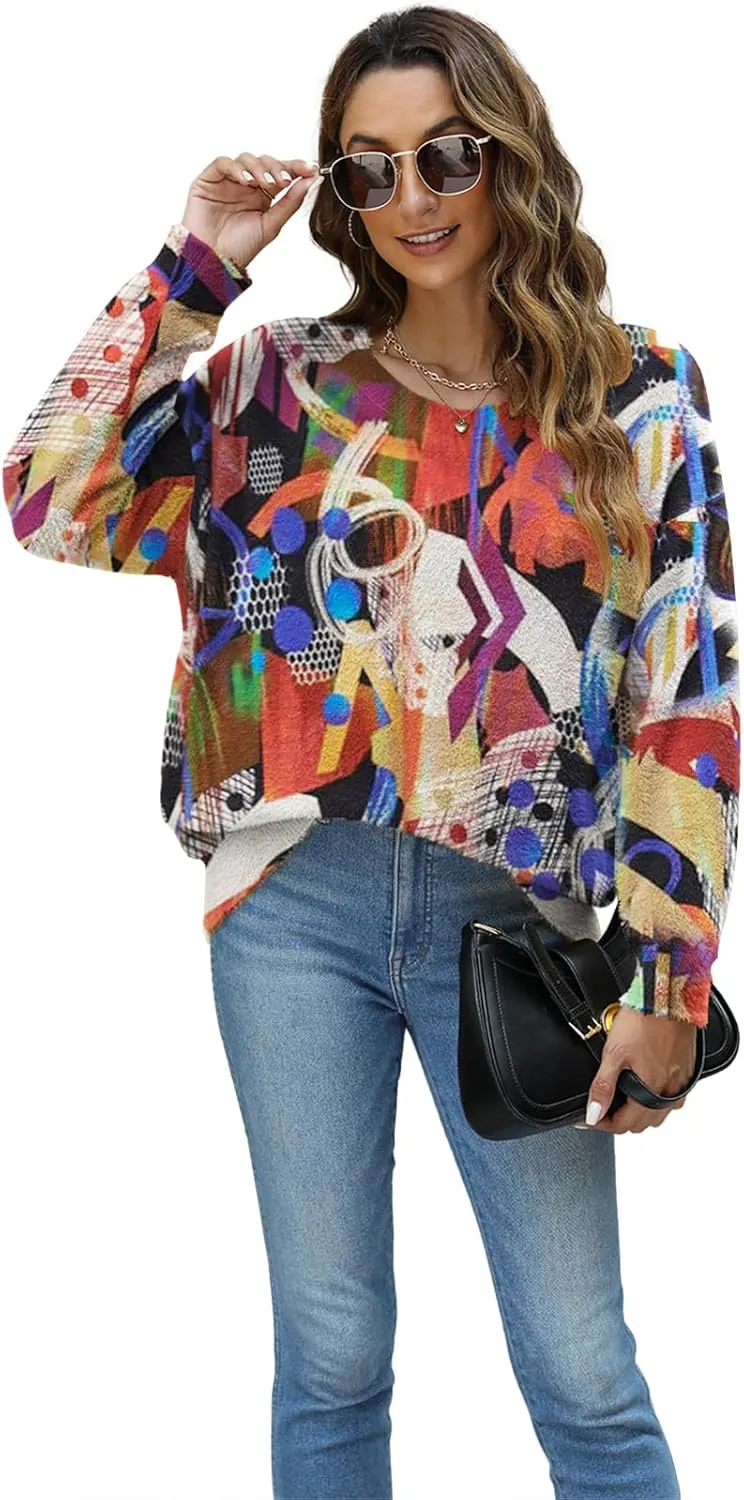 Women Christmas Sweater Graphic Oversized Long Sleeve Boho Printed Loose Fit Casual Knit Pullover Sweaters Top