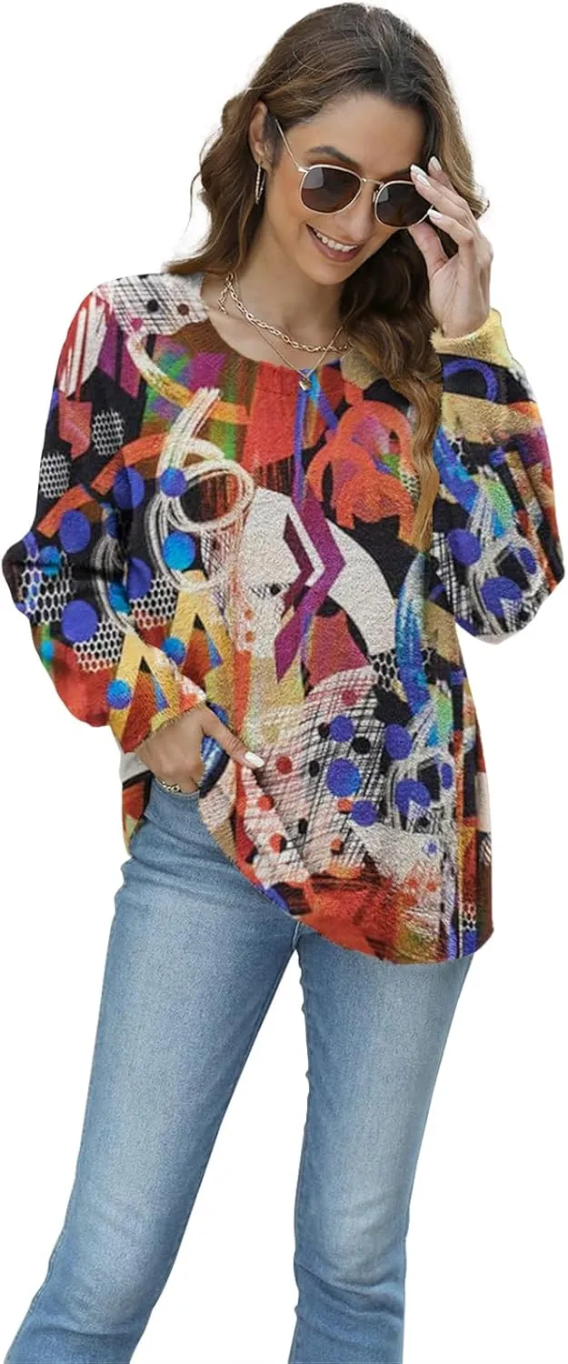 Women Christmas Sweater Graphic Oversized Long Sleeve Boho Printed Loose Fit Casual Knit Pullover Sweaters Top