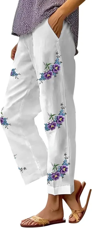 Women Cotton Linen Pants Women Summer Women's Linen Capris Wide Leg Cotton Lounge Pants Woman