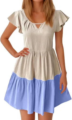 Women Dresses Casual Summer Puff Short Sleeve Color Block Loose A Line Sundress Beach Vacation Ladies Dress