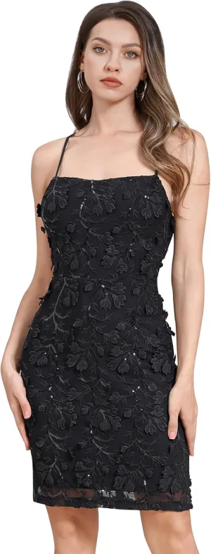 Women Floral Applique Sequin Bodycon Mini Dress Short Homecoming Dresses Tight Backless Formal Party Club Cocktail