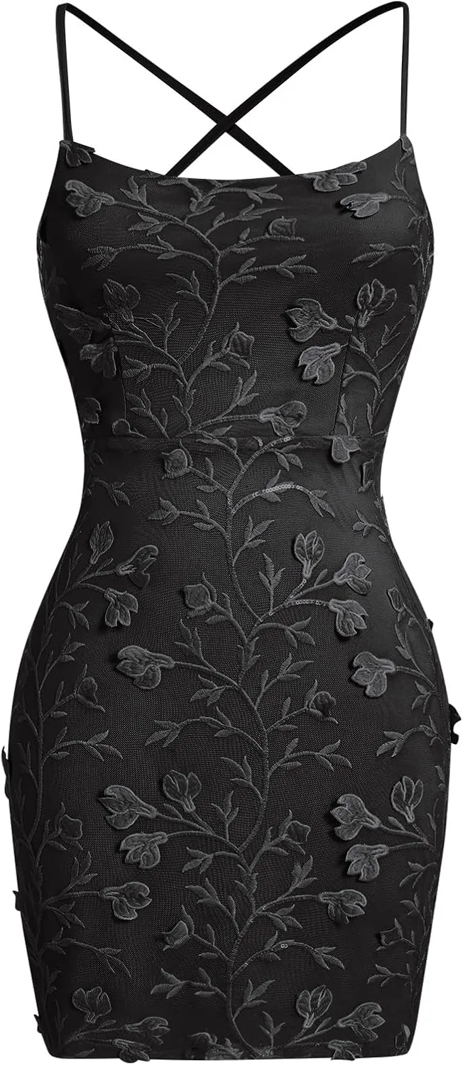 Women Floral Applique Sequin Bodycon Mini Dress Short Homecoming Dresses Tight Backless Formal Party Club Cocktail