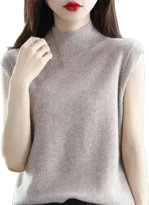 Women Half-Height Camisole Knitted Base Layer Pullover Round Neck Solid Color Loose Sleeveless Inside Top