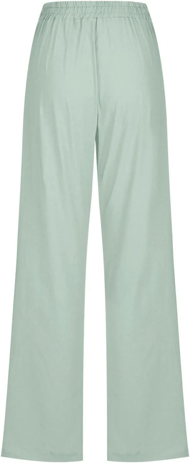 Women High Waisted Wide Leg Pants Casual Drawstring Elastic Trousers Comfy Women Pants Casual Elastic Waist Straight Leg