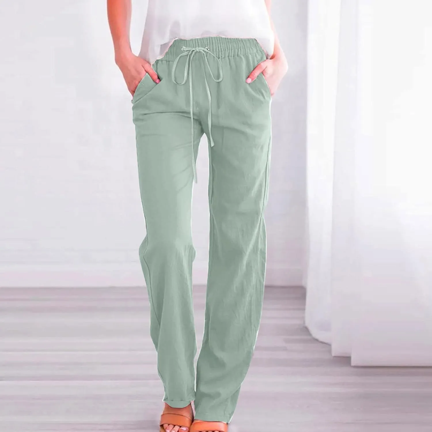 Women High Waisted Wide Leg Pants Casual Drawstring Elastic Trousers Comfy Women Pants Casual Elastic Waist Straight Leg