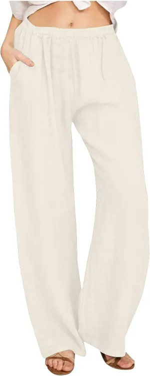 Women Linen Baggy Harem Pants Summer Casual Lounge Pants Travel Outfits Vacation Clothes Long Trouser with Pockets