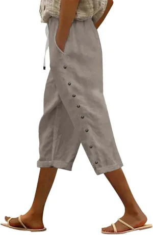 Women Linen Palazzo Pants Cotton Linen Elastic Seven Pants Beach Casual Trendy Lounge with Pockets
