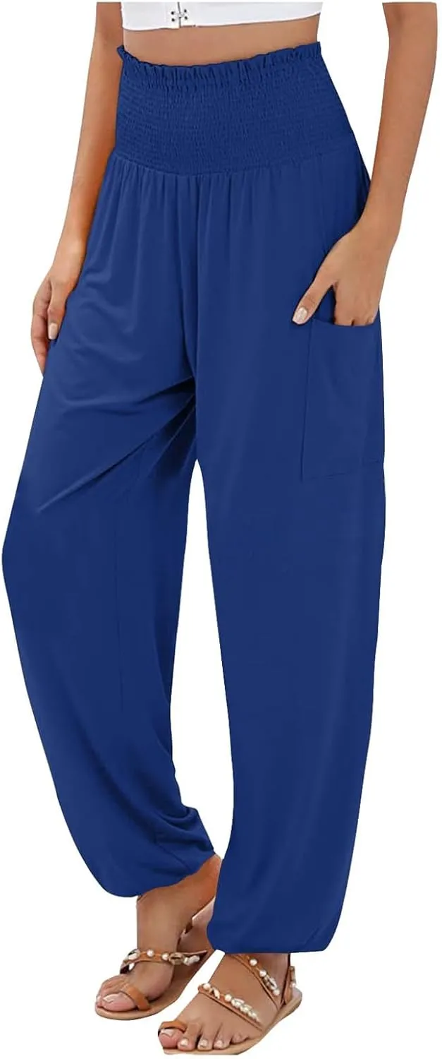 Women Linen Palazzo Summer 2024 Pants Wide Leg Elastic High Waisted Casual Loose Fit Plus Size Pants with Pockets