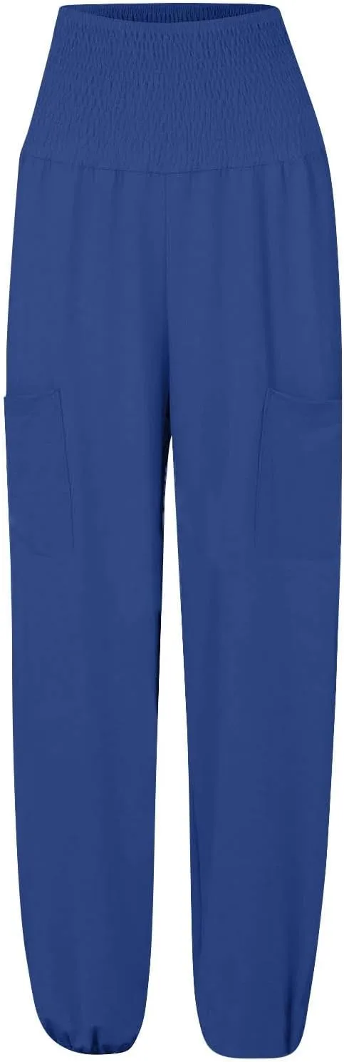 Women Linen Palazzo Summer 2024 Pants Wide Leg Elastic High Waisted Casual Loose Fit Plus Size Pants with Pockets