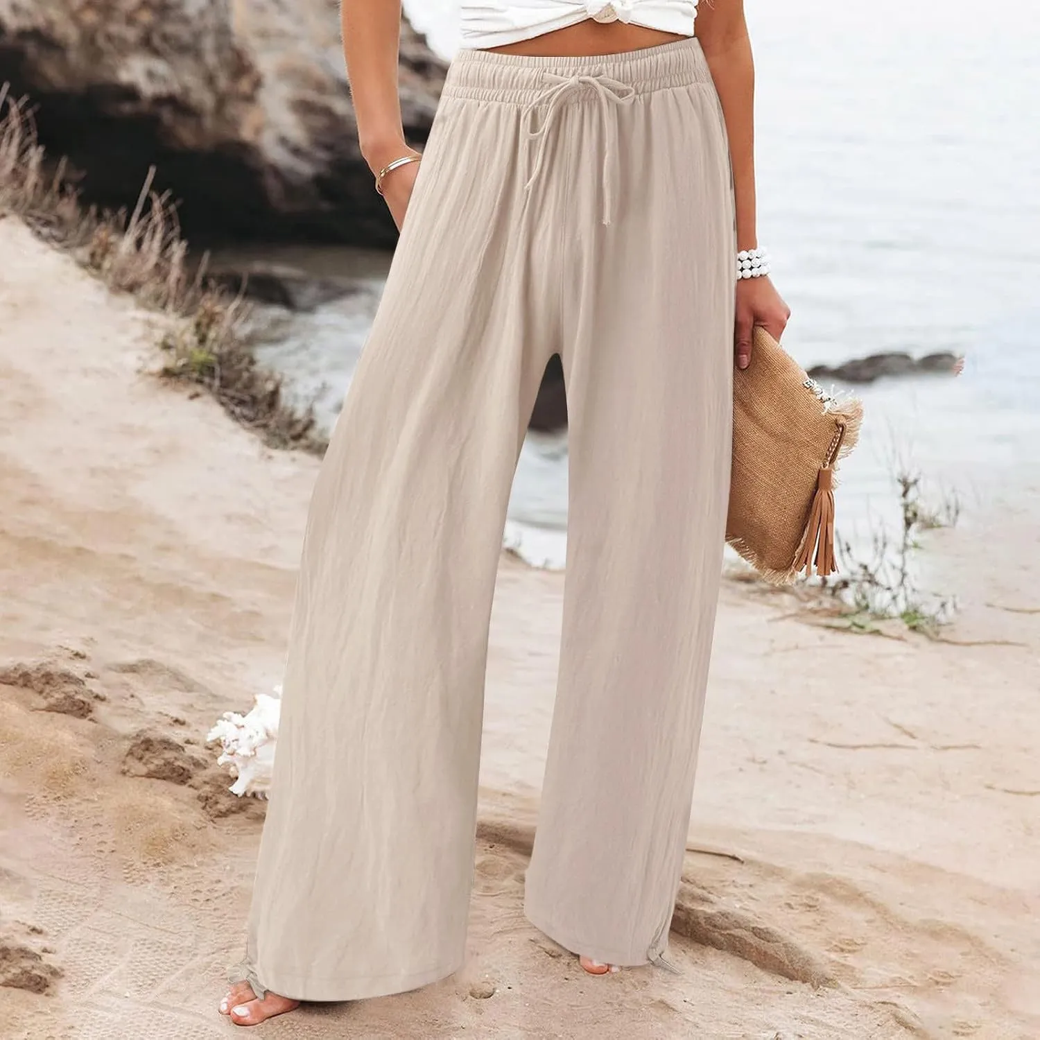 Women Linen Pants Cropped Spring Cotton Pant for 2025 with Pockets Travel Cargo Trousers Plus Size