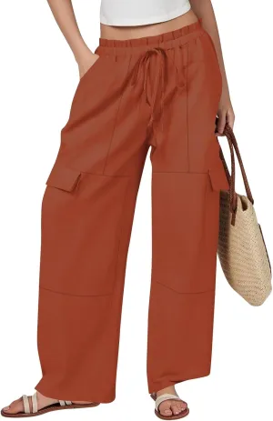 Women Linen Pants Summer Drawstring High Wasited Baggy Cargo Pants Wide Leg Lounge Pant Lightweight Hiking Pant