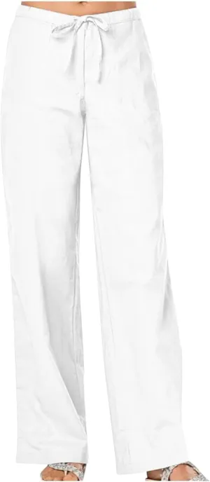 Women Linen Pants Summer Lightweight Wide Leg Trousers Drawstring Low Waisted Palazzo Pants with Pockets