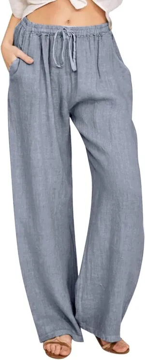 Women Linen Pants Wide Leg High Wasited Drawstring Beach Pants with Pockets Casual Loose Summer Lounge Pant