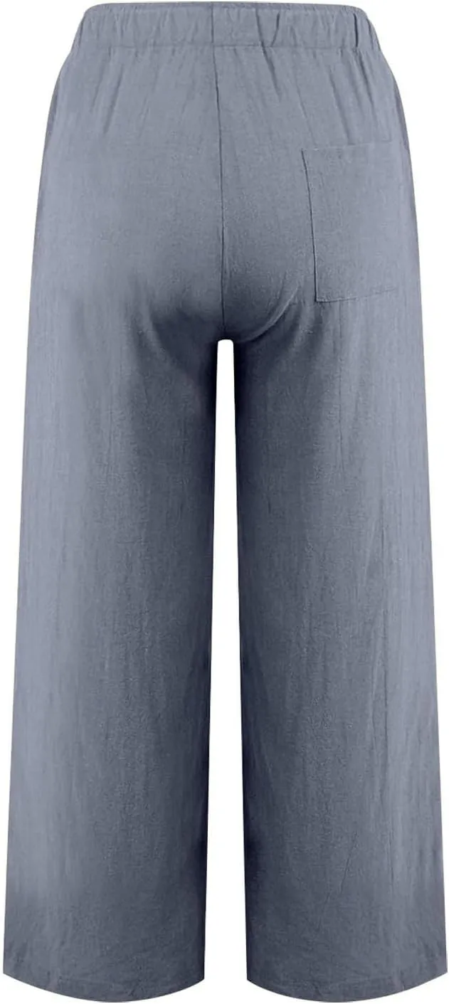 Women Linen Pants Wide Leg High Wasited Drawstring Beach Pants with Pockets Casual Loose Summer Lounge Pant