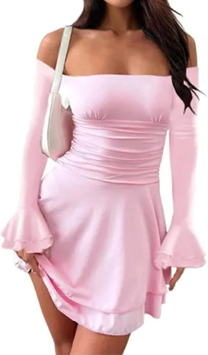 Women Off Shoulder Ruched Mini Dress Sexy Long Sleeve Ruffle Tiered Flowy Tube A Line Dress Fall Bodycon Short Dress