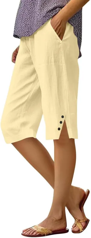 Women Pants Cotton Linen Wide Leg Business Casual,Yoga Sweatpants High Waisted Slit Button Waist Capris Pockets