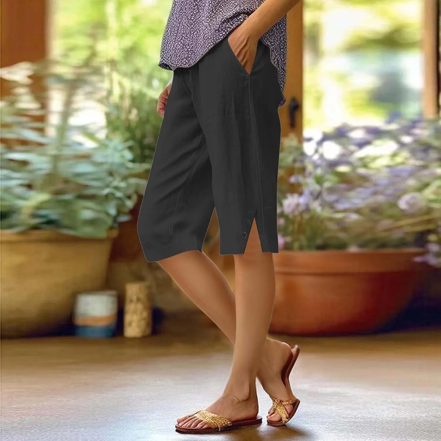 Women Pants Cotton Linen Wide Leg Business Casual,Yoga Sweatpants High Waisted Slit Button Waist Capris Pockets