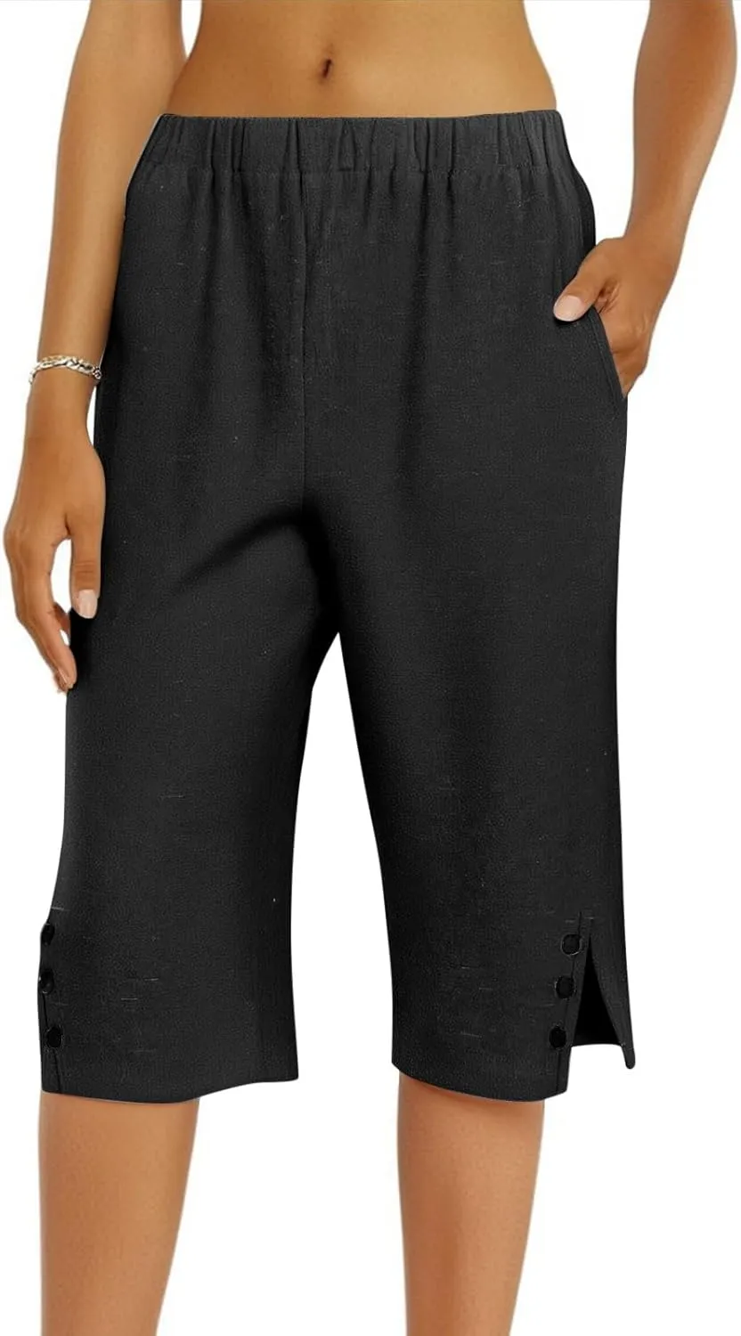 Women Pants Cotton Linen Wide Leg Business Casual,Yoga Sweatpants High Waisted Slit Button Waist Capris Pockets