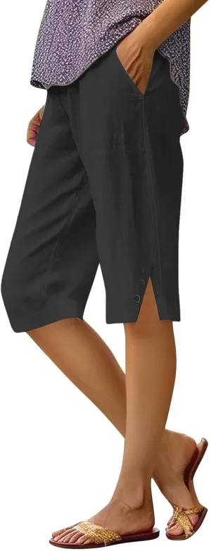 Women Pants Cotton Linen Wide Leg Business Casual,Yoga Sweatpants High Waisted Slit Button Waist Capris Pockets