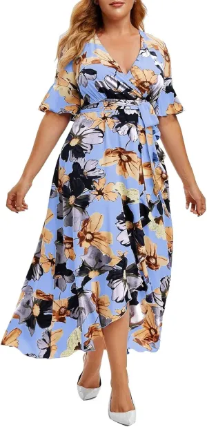 Women Plus Size Casual Short Sleeve Off Shoulder Boho Slit Flowy Maxi Long Dress