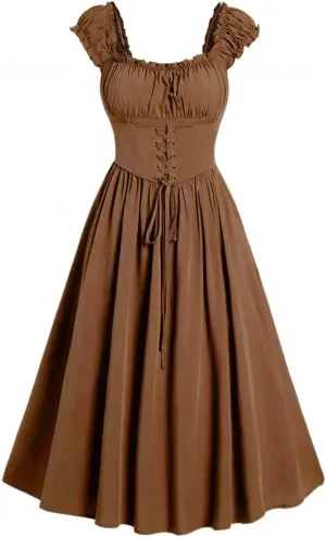 Women Renaissance Summer Midi Dress Retro Sleeveless Floral Ruched High Waist Corset Dress Victorian Dresses