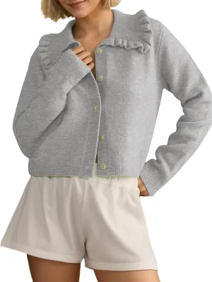 Women Ruffle Collar Button Down Cropped Cardigan Long Sleeve Open Front Knit Sweaters Peplum Sweater Crop Jacket Tops