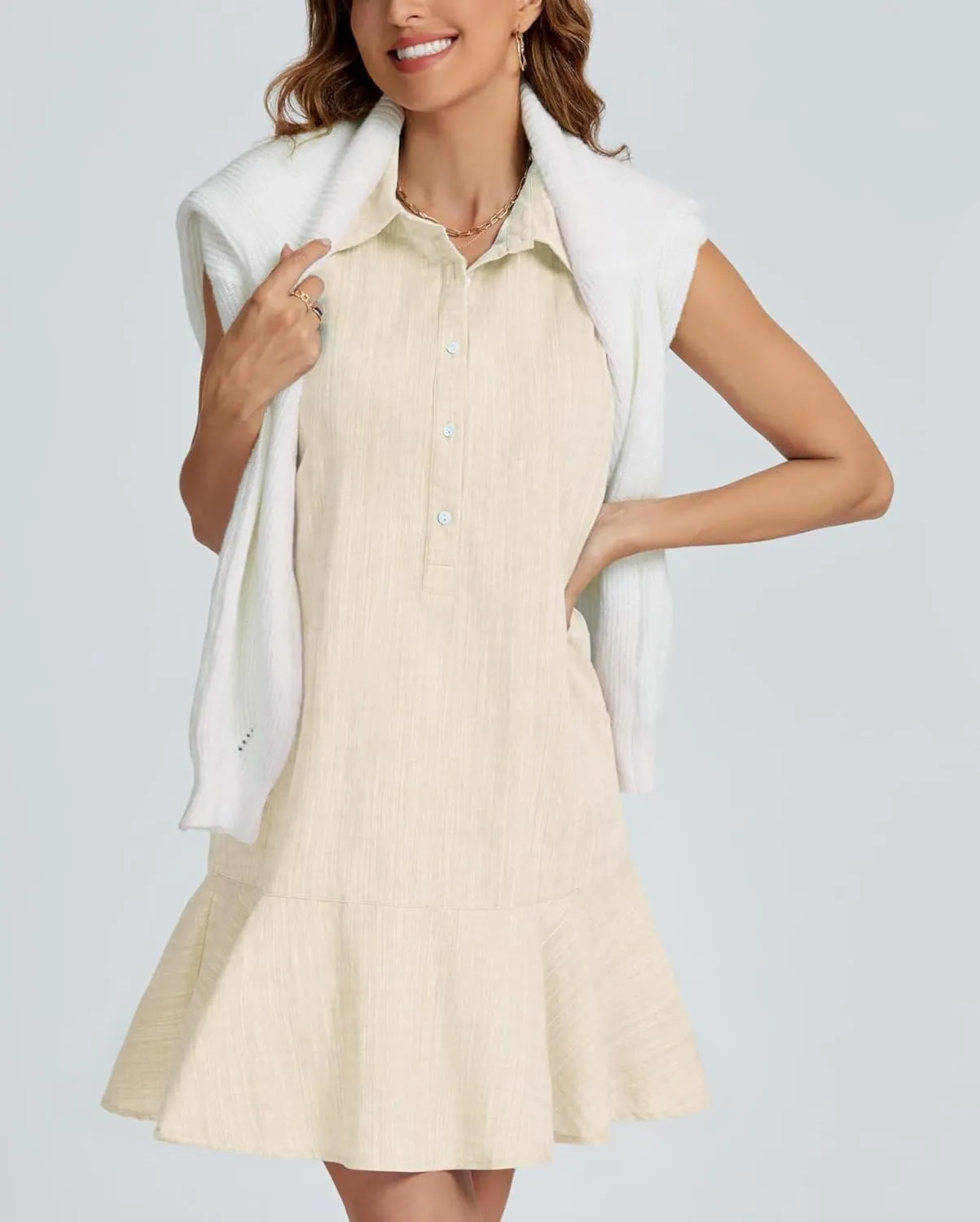 Women Sleeveless Mini Dress Button Down Shirt Dress V Neck Reffle Hem Cotton Linen Tunic Short Dress