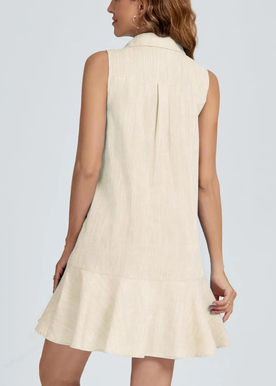 Women Sleeveless Mini Dress Button Down Shirt Dress V Neck Reffle Hem Cotton Linen Tunic Short Dress
