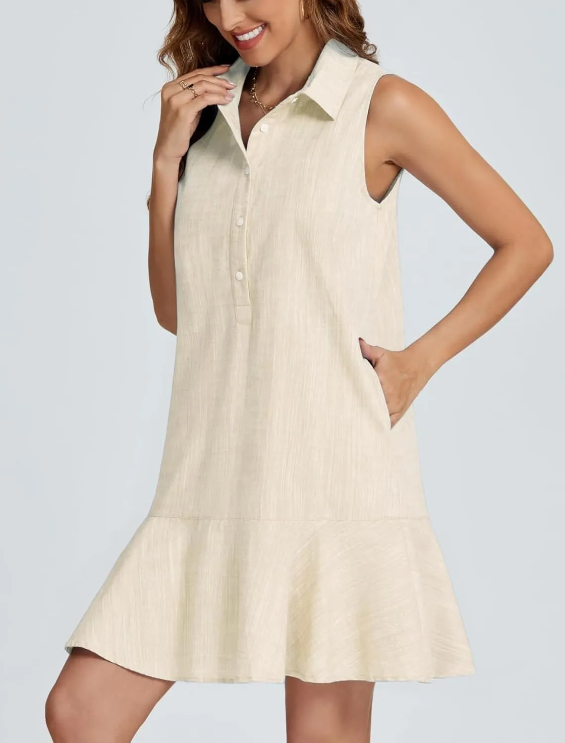 Women Sleeveless Mini Dress Button Down Shirt Dress V Neck Reffle Hem Cotton Linen Tunic Short Dress