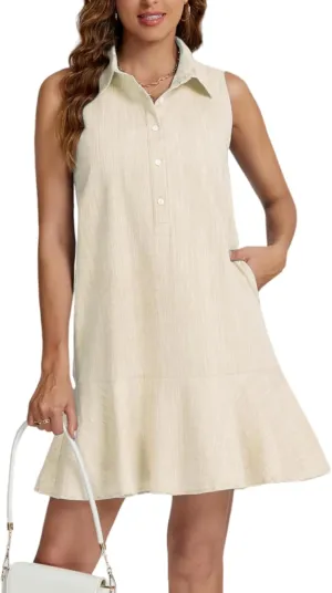 Women Sleeveless Mini Dress Button Down Shirt Dress V Neck Reffle Hem Cotton Linen Tunic Short Dress