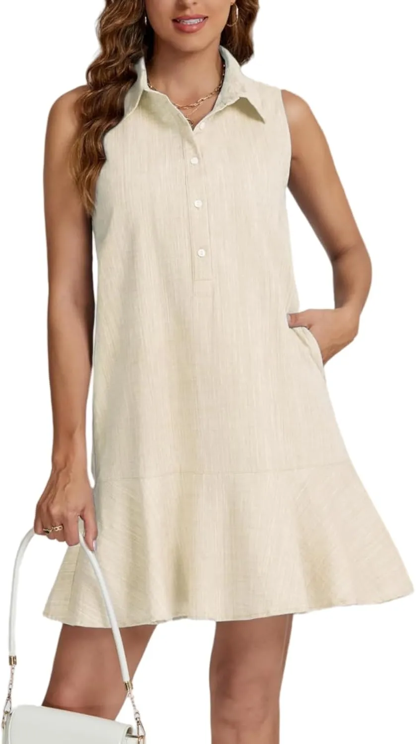 Women Sleeveless Mini Dress Button Down Shirt Dress V Neck Reffle Hem Cotton Linen Tunic Short Dress