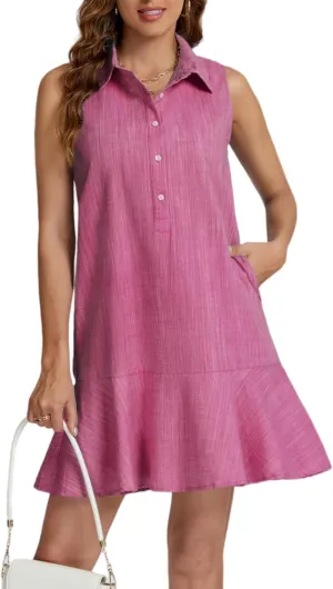 Women Sleeveless Mini Dress Button Down Shirt Dress V Neck Reffle Hem Cotton Linen Tunic Short Dress
